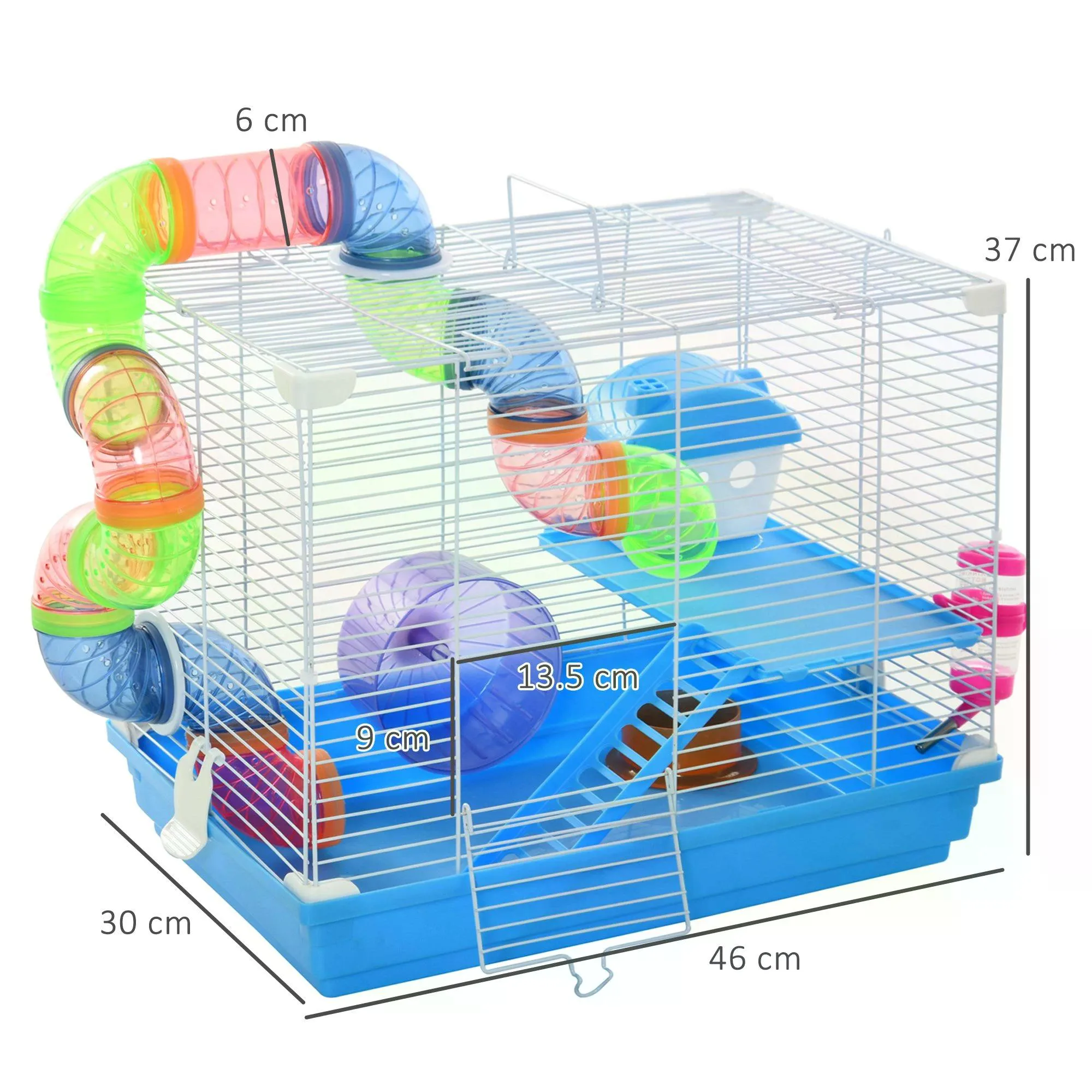 2 Tier Hamster Cage Carrier Habitat Small Animal House with Exercise Wheels Tunnel Tube Water Bottle Dishes House Ladder for Dwarf Mice, Blue