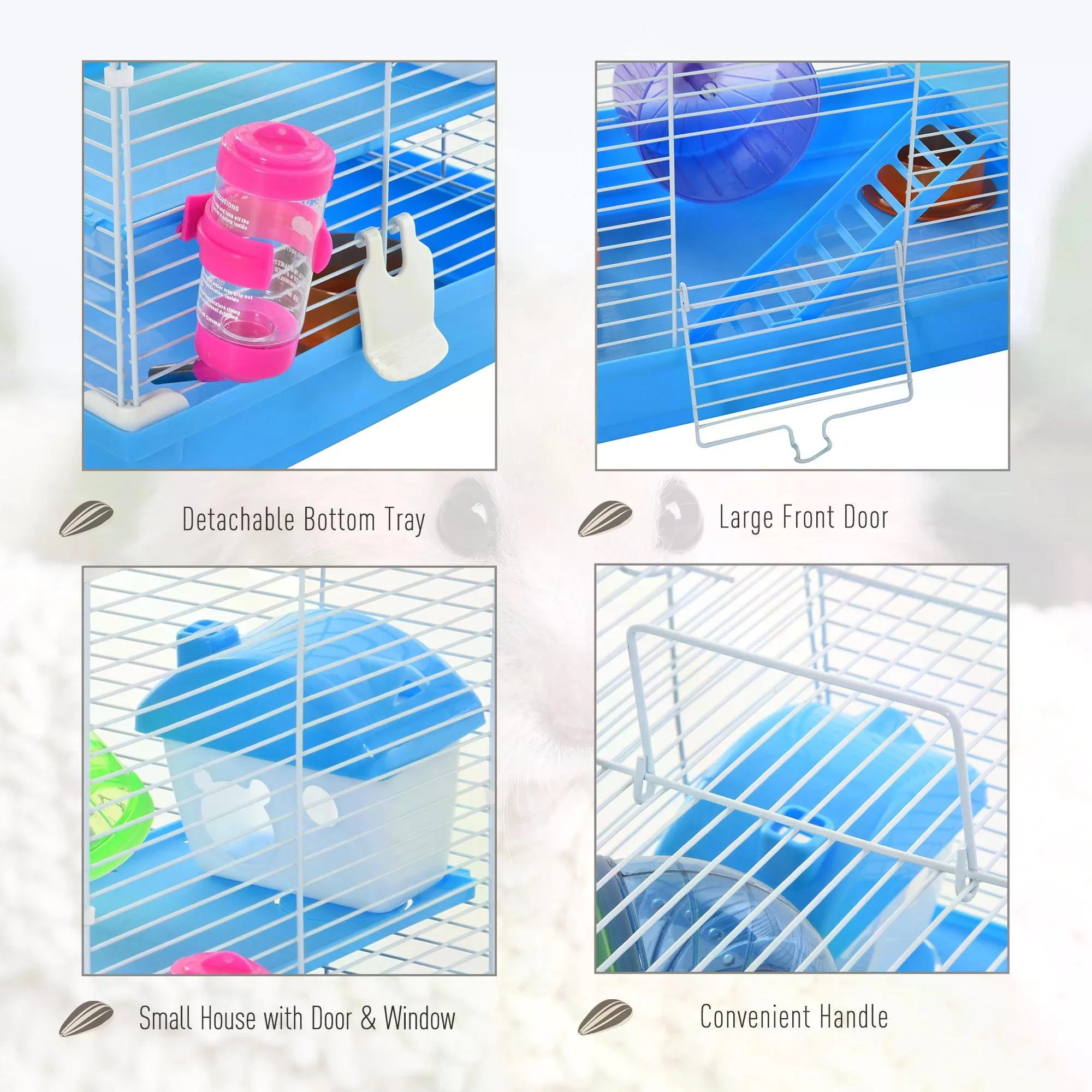 2 Tier Hamster Cage Carrier Habitat Small Animal House with Exercise Wheels Tunnel Tube Water Bottle Dishes House Ladder for Dwarf Mice, Blue