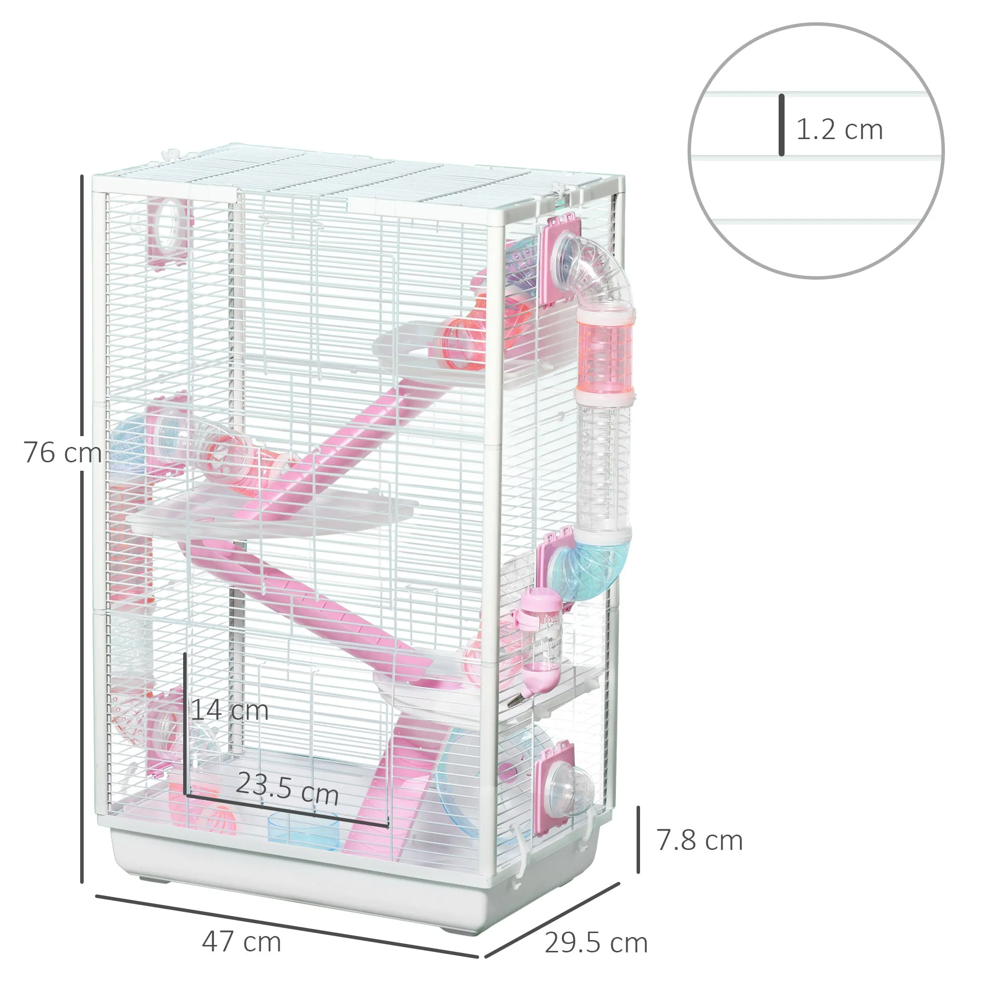 4-Tier Hamster Cage, Gerbilarium Cage w/ Tubes, Exercise Wheel, Hut, Ramps, Platforms, 47 x 29.5 x 76cm