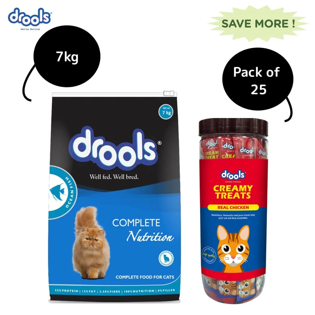 Drools Ocean Fish Adult Cat Dry Food and Real Chicken Creamy Cat Treats Combo