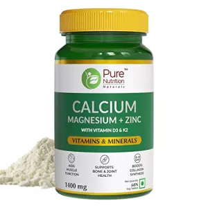 Pure Nutrition Calcium Magnesium & Zinc Supplement with Vitamin D3 & K2 (600 IU) for Women & Men | Supports Bone & Joint Health | Aids Muscle Health, Boosts Collagen Synthesis | 1400mg - 60 Tablets