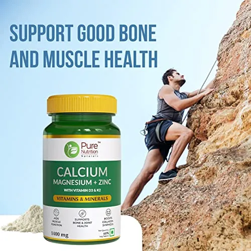 Pure Nutrition Calcium Magnesium & Zinc Supplement with Vitamin D3 & K2 (600 IU) for Women & Men | Supports Bone & Joint Health | Aids Muscle Health, Boosts Collagen Synthesis | 1400mg - 60 Tablets