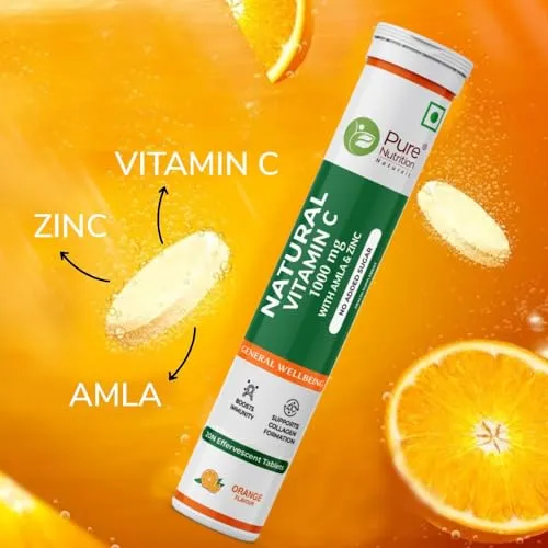 Pure Nutrition Vitamin C   Zinc, 20 Effervescent Tablets (20 x 1) Orange Flavour | 1000mg Amla Extract | Supports Acne Free Skin for Women & Men | Rich in Antioxidants | Boosts Energy & Immunity