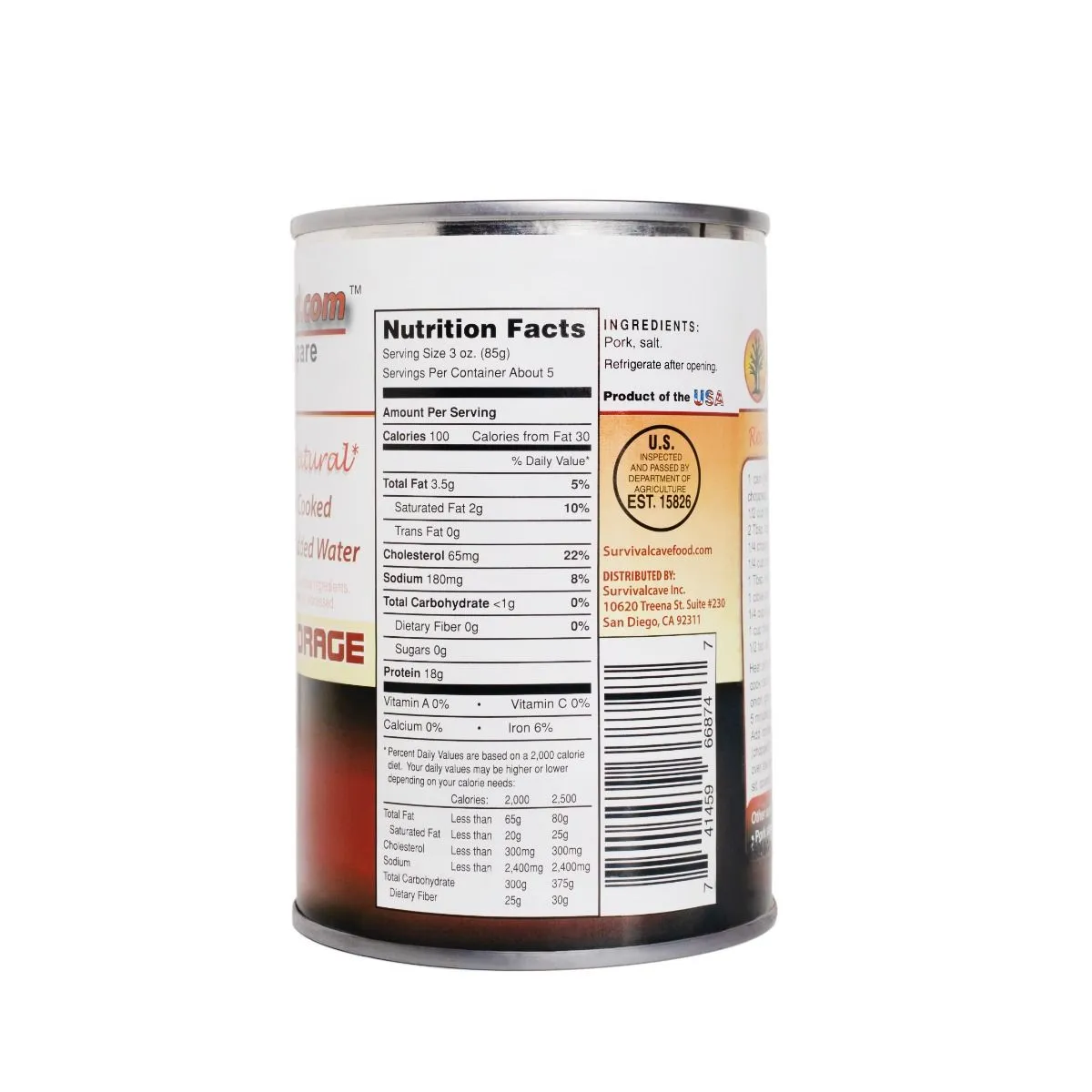 Survival Cave Canned Pork Food Storage 14.5 oz - Full Case, 12 cans/60 servings